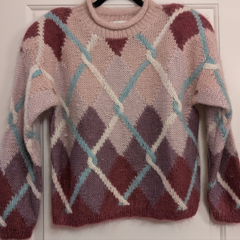 COPY - Vintage Pink Mauve Mohair/Acrylic Argyle Sweater, Rebecca Stone, Size M